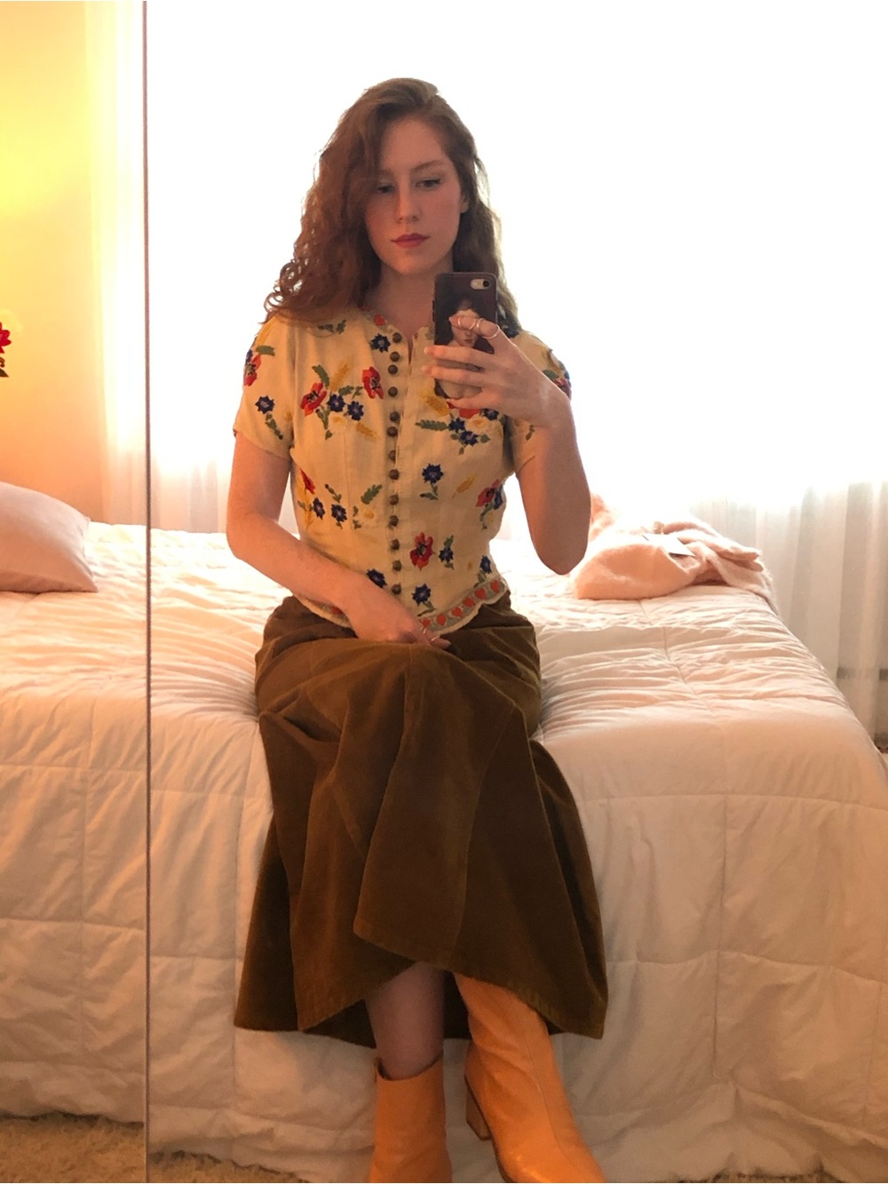 Vintage Floral Embroidered Button-Up Top, XXS